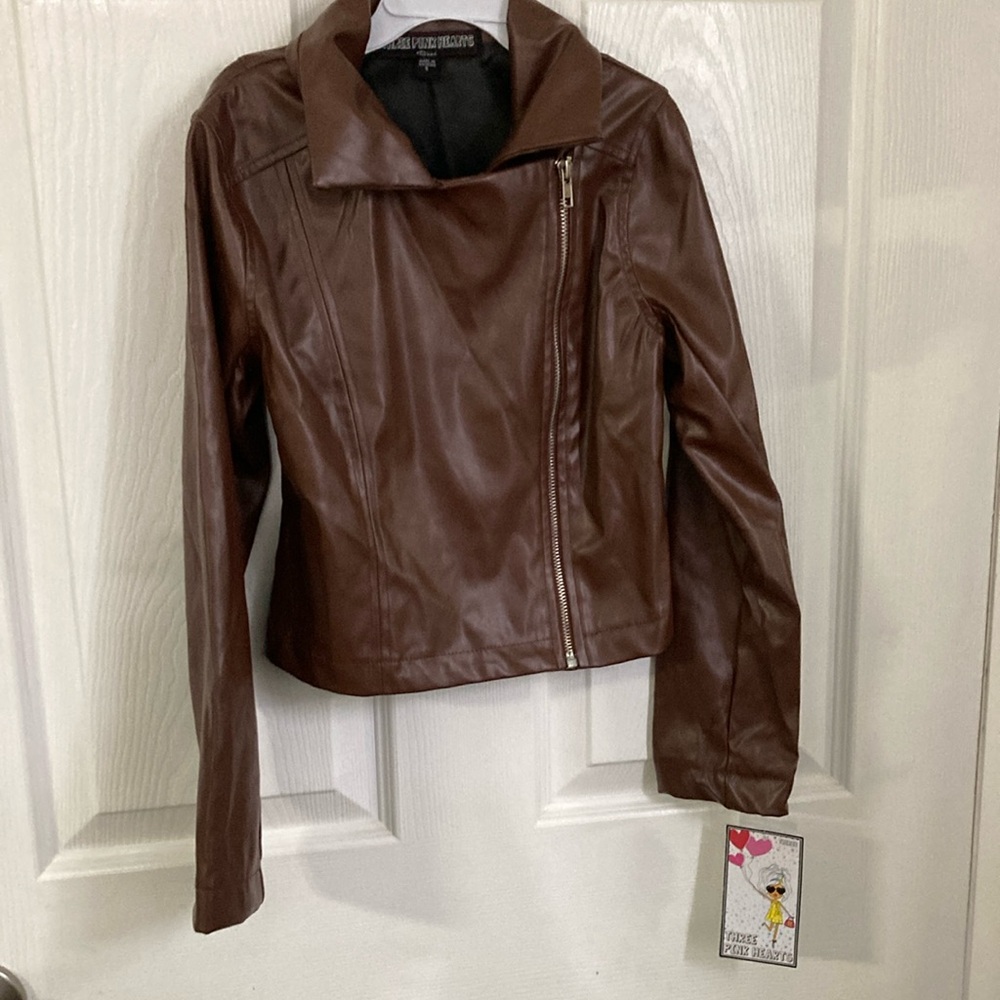 New Three Pink Hearts Brown Leather Jacket